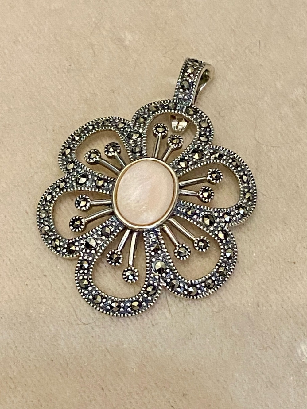 Sterling Silver Flower Marcasite Enhancer Pendant 925